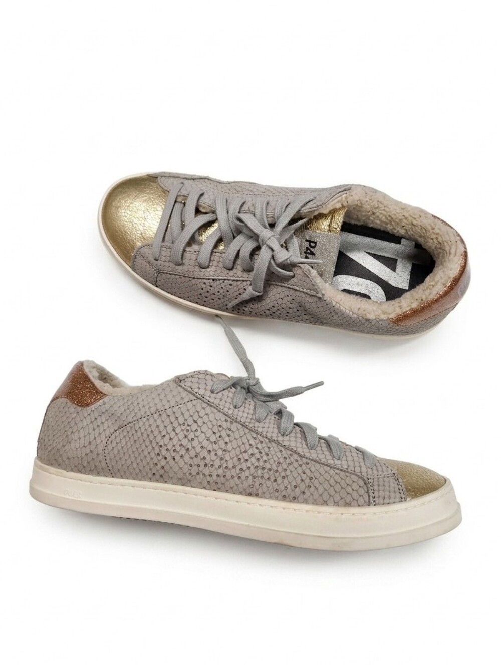 P448 John Bristol Gold Sneaker Grey Snake Python Suede Shearling Lined Size 40